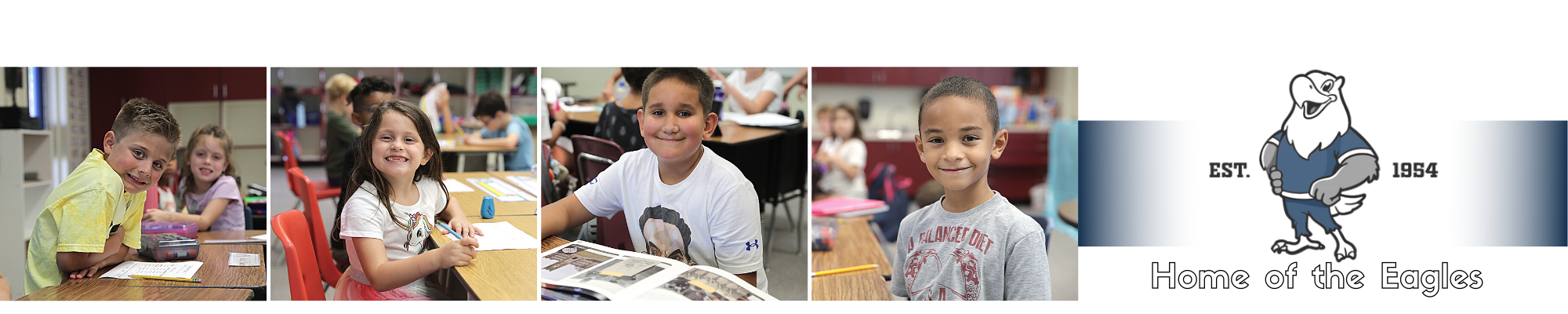 Students smiling while learning in classrooms and Home of the Eagles established in 1954 eagle mascot 